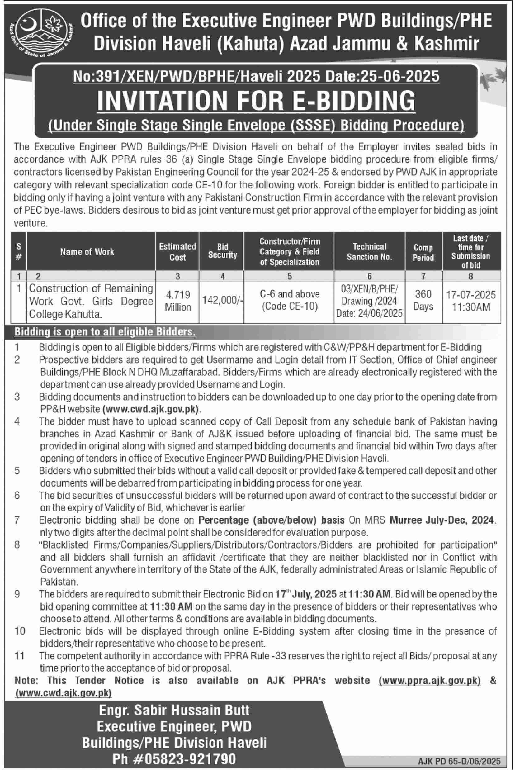 PWD Buildings Division Haveli Tender Notice